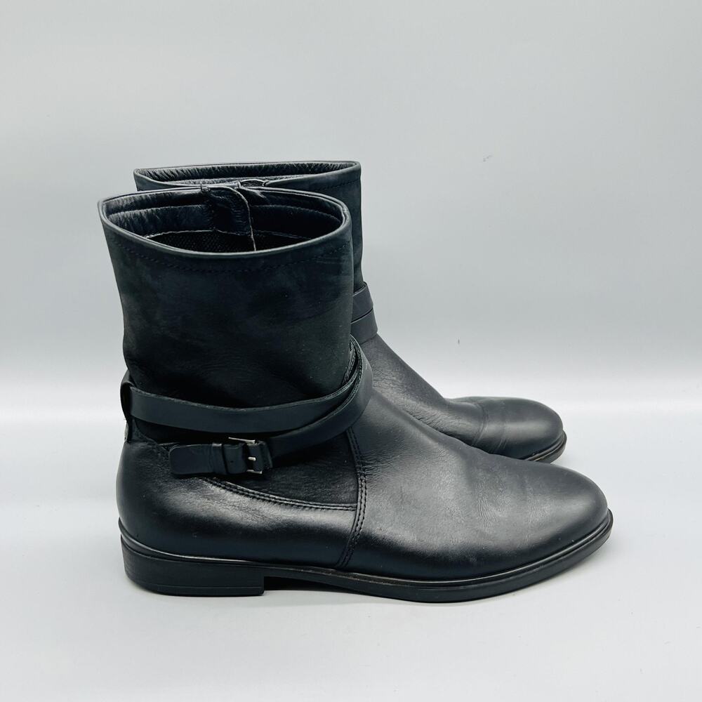 ECCO Boots Womens 7.5 Black Leather Ankle Buckle Strap Zip Flat Booties Shoes